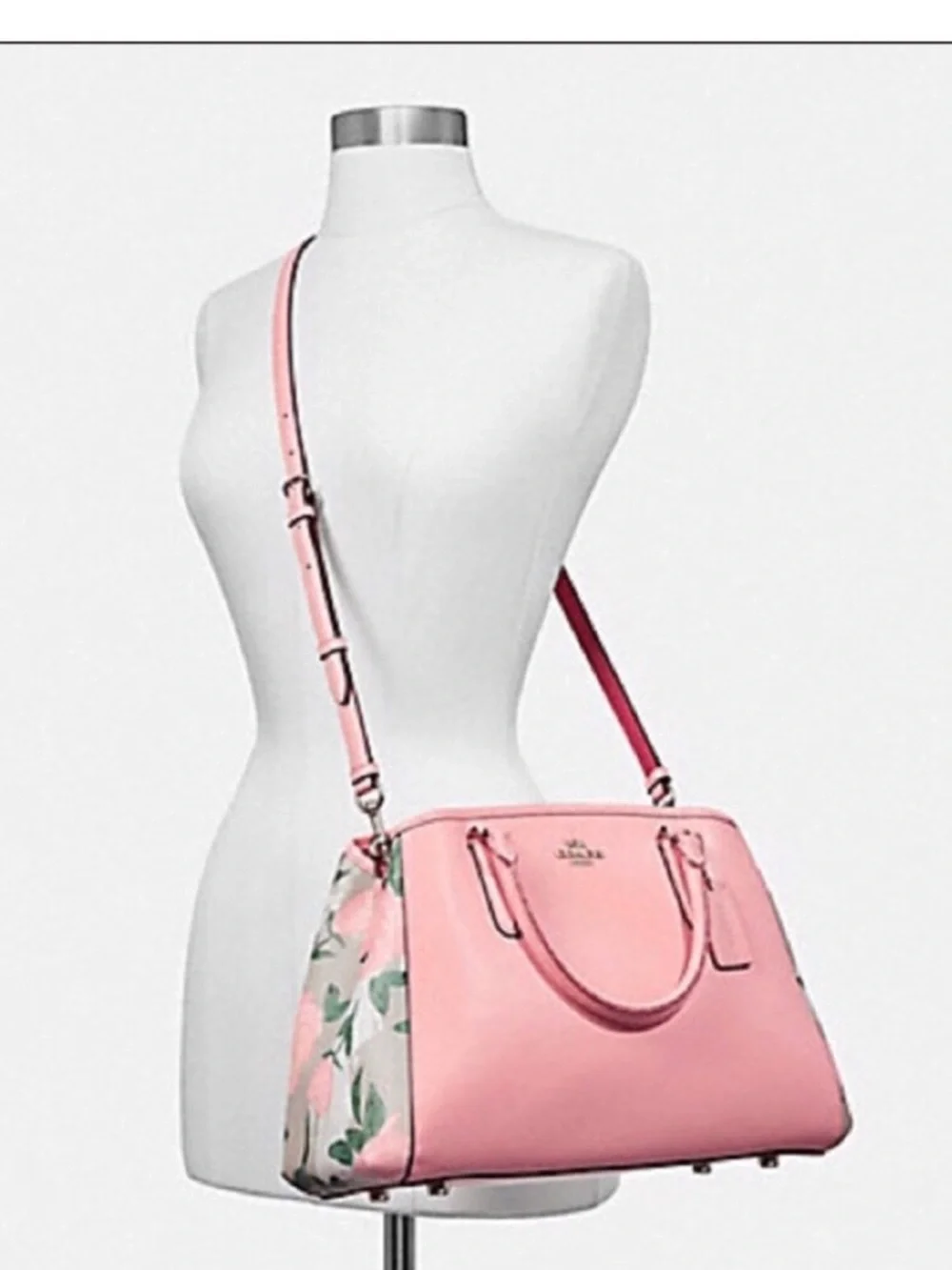 Coach Margo Pink Rose Print Carryall leather Satchel